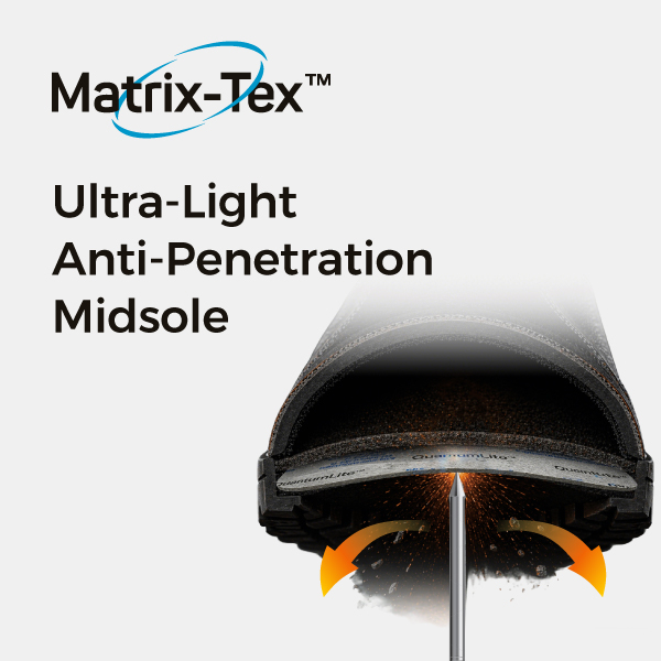Matrix-Tex™ anti-penetration midsole technology for puncture resistant safety footwear