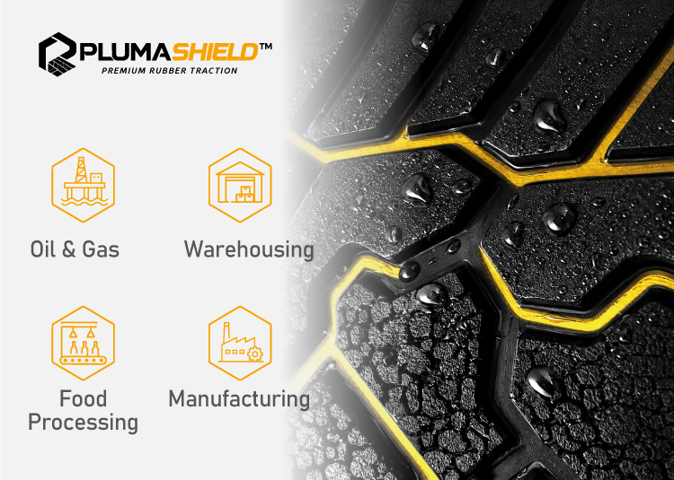 PlumaShield™ rubber traction outsole technology showing slip resistance, oil resistance and durability for safety footwear